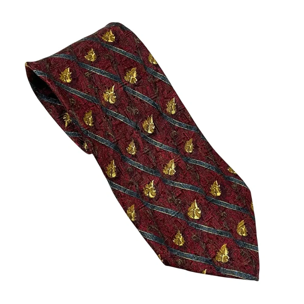 Ermenegildo‎ Zegna Mens Leaf Print Silk Tie Necktie Neck Burgundy Maroon Gold